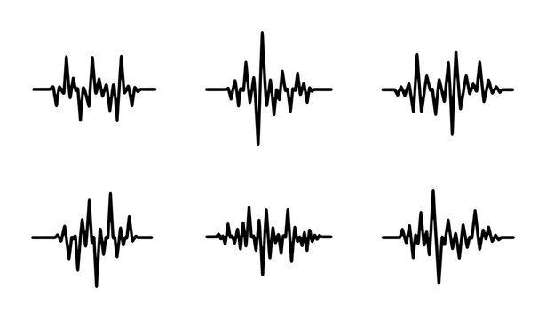 Six Black Audio Waveform Icons, Sound Waveform Vector Graphics, Music Pulse Signal Set