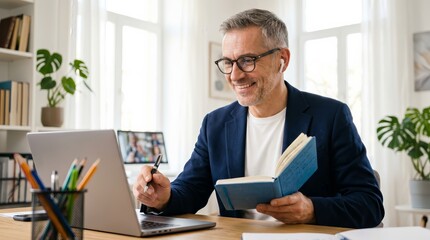 Fototapeta premium Smiling mature businessman wearing glasses and earbuds while working remotely with a laptop and notebook at a home office desk.
