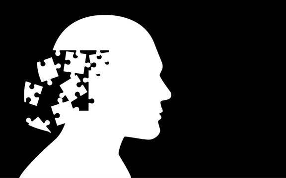 Human head with missing puzzle pieces symbolizing memory loss, Alzheimer's disease, dementia and cognitive decline concept illustration