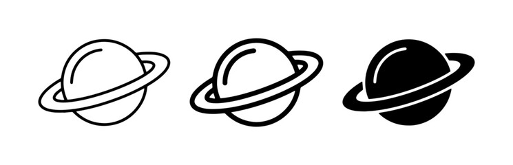 Fototapeta premium Set of three planet icons: outline, filled outline, and solid black, representing space exploration and celestial bodies.