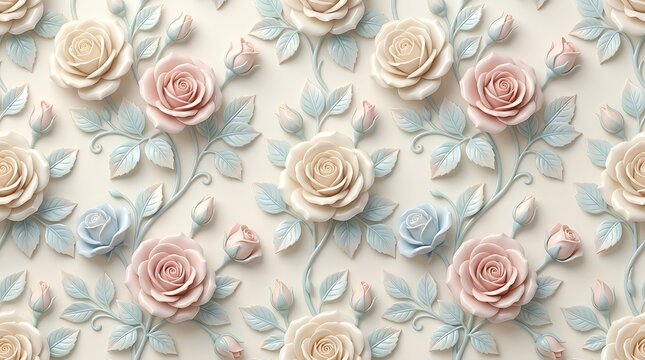 Beautiful pink and white rose flower pattern with embossed 3d floral design for interior wall decoration wallpaper