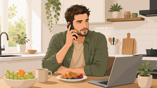 Man calling on phone at kitchen table with breakfast, man, phone, breakfast, kitchen, table, call, home, fruit, coffee,