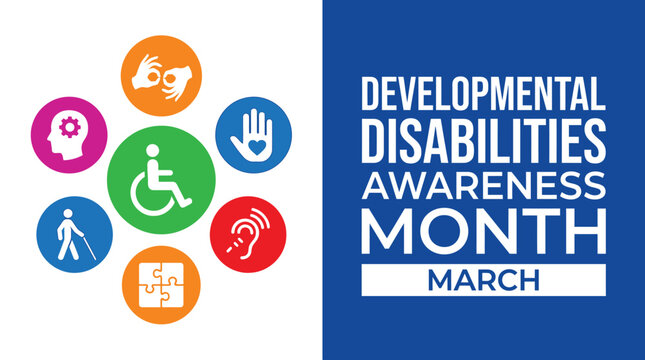 Colorful icons representing developmental disabilities awareness month featuring diverse symbols of accessibility and inclusive support services