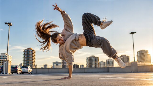 Teenage girl dancing in a rooftop parking lot performing a one hand freeze at golden hour