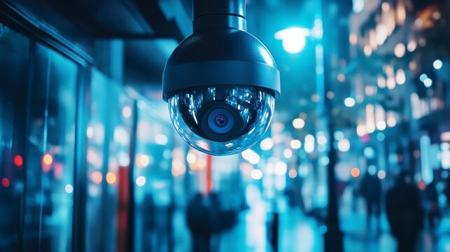Close-up of a security camera at night, overlooking a blurred city street with pedestrians.