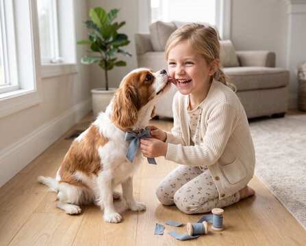 Young girl tying a ribbon bow on her spaniel puppy collar in the living room