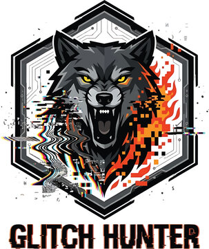 Intense Cybernetic Wolf Illustration Featuring Digital Distortion Effects and Fiery Pixelated Elements for Modern Gaming Clan Emblems