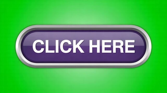 A glossy purple button with a silver border displaying the text CLICK HERE on a vibrant green background a clear call to action for digital interfaces and web design 4k video