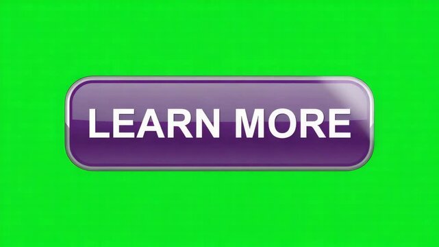 Glossy purple Learn More button with a reflective surface on a vibrant green screen background for digital interfaces web design and interactive applications 4k video