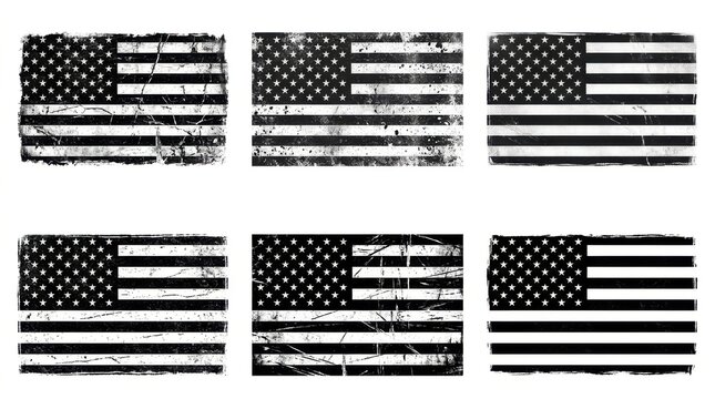 Set of six black and white grunge usa flag icons with vintage distressed texture isolated on a plain white background