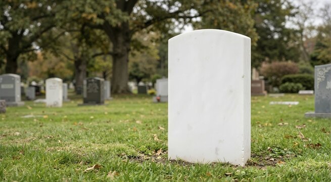Blank white marble gravestone mockup in a cemetery. Empty tombstone template on green grass with copy space for text