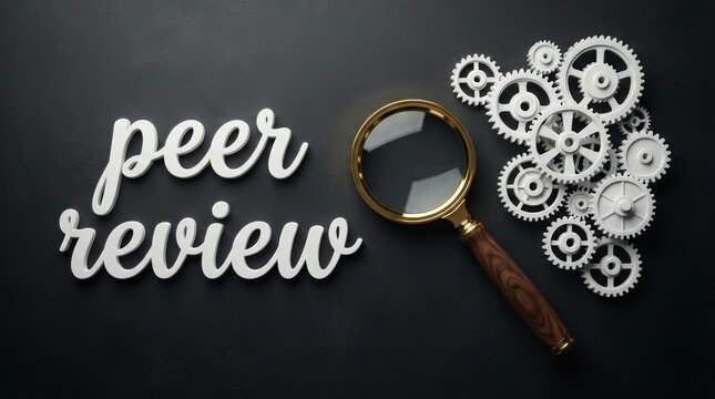 White letters spelling peer review sit beside a magnifying glass and interlocking gears on a dark surface.