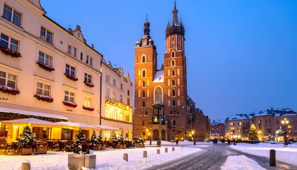 Obraz premium Snowy city street with historic buildings.