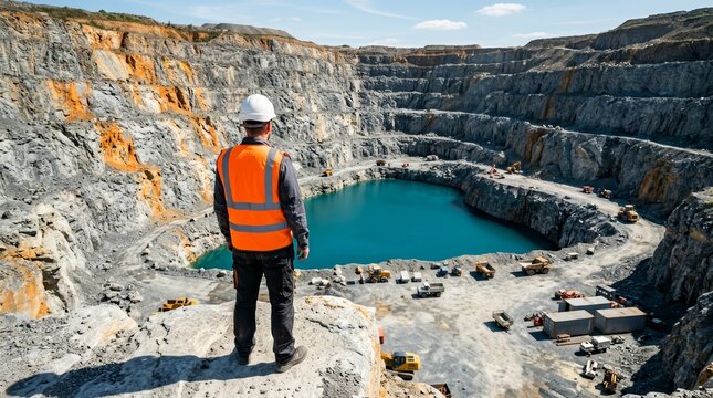 A construction worker in a safety vest and helmet stands by a blue water pool in a vast stone quarry.