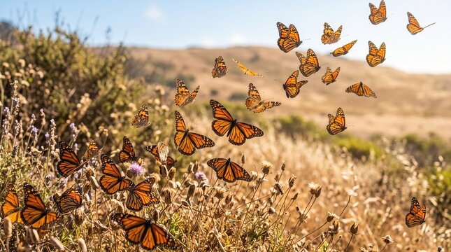 Monarch butterflies flying in migration pattern over meadow. Insect journey during natural seasonal movement. Wildlife conservation, ecology and biological research of insect behavior.