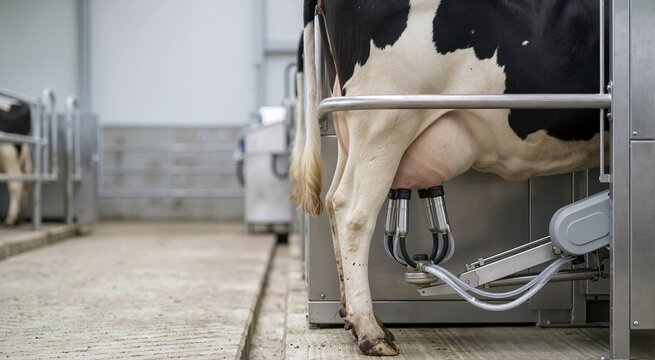 Close up of a cow udder attached to an automated robotic milking system. Modern dairy farm technology extracting milk from livestock in a barn