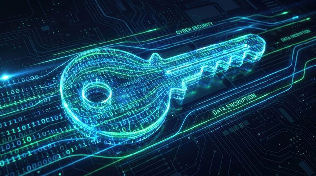 glowing key made of binary code on dark circuit board background. cyber security and data encryption concept. information technology, digital privacy, safe access. copyspace. banner, website header.
