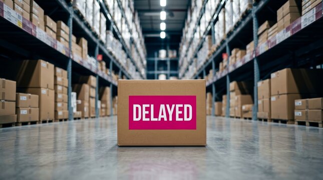 A cardboard box labeled DELAYED sits on a warehouse floor amidst shipping aisles.