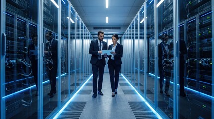 Fototapeta premium two caucasian it professionals walking in modern data center, man and woman looking at tablet. cloud computing, server maintenance, network security concept. banner, website header with copyspace.