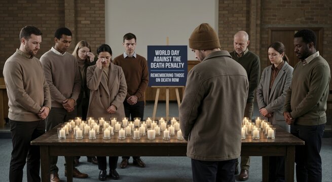 Diverse group of people mourning at a candlelit vigil. World Day Against the Death Penalty gathering