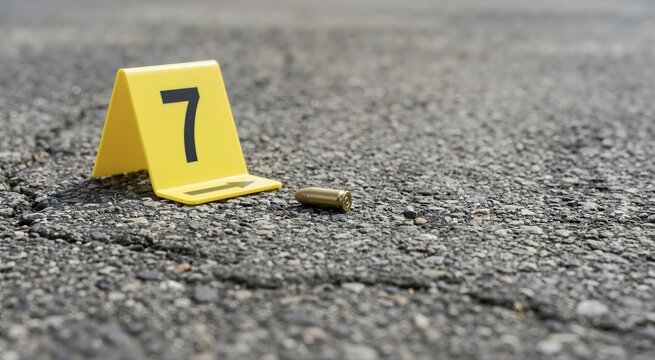 Spent brass bullet casing and yellow police evidence marker number 7 on asphalt. Crime scene investigation concept