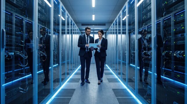 two caucasian it professionals walking in modern data center, man and woman looking at tablet. cloud computing, server maintenance, network security concept. banner, website header with copyspace.