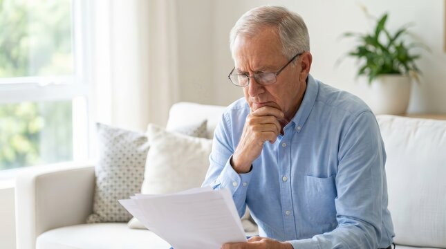 Stressed senior man sitting on a sofa reading insurance policy and pension documents at home.