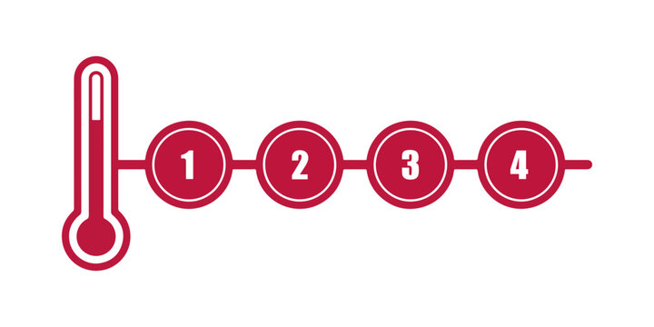Red thermometer temperature project step infographic vector line art for bullet points list layout timeline sequential row chart
