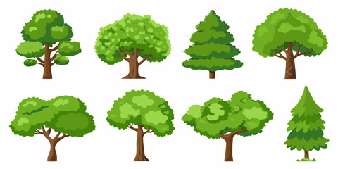 Collection of cartoon trees vector illustration with green foliage and brown trunks © ChandanaRani