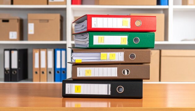 Stack of Colorful Office Ring Binders and Document Folders with Labels on Wooden Desk for Organization and Data Archiving
