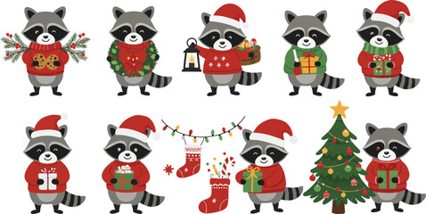 Fototapeta premium Set of cute cartoon raccoons wearing christmas sweaters and santa hats with gifts and a decorated pine tree on white background