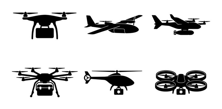 Drone Delivery Icons Set: Quadcopter, VTOL, Helicopter, Aerial Vehicle Silhouettes