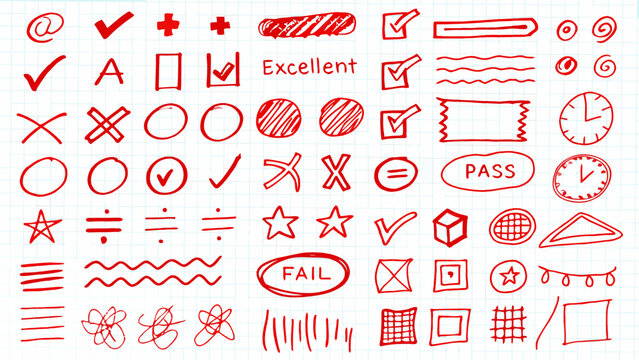 Hand drawn doodle elements in red ink on lined paper a collection of scribbles and symbols