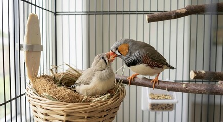 Fototapeta premium Adult zebra finch feeding its chick in a wicker nest. Parent bird regurgitating food for baby inside a wire cage. Pet breeding concept