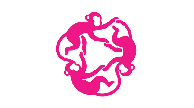 Bright pink vector illustration featuring three playful monkeys arranged in a circular artistic geometric design