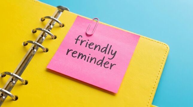 Pink sticky note with friendly reminder text on a yellow notepad page.