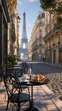 Paris France Europe lifestyle. A vivid portrayal of a Parisian street scene at dusk, with the iconic Eiffel Tower in the background.