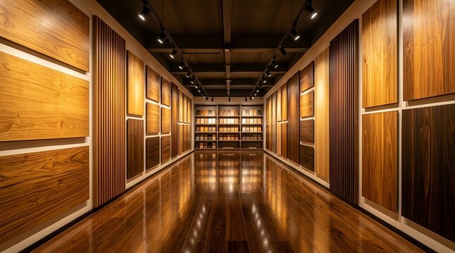 Modern interior showroom featuring wood panel samples on walls.