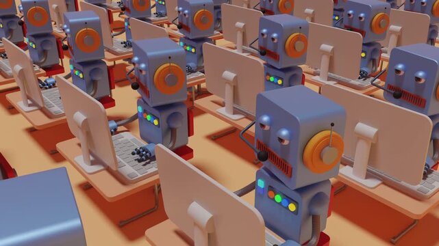 Seamless loop of an array of futuristic artificial intelligence operators. Endless grid of cybernetic androids working at computer terminals in a massive automated data processing hub