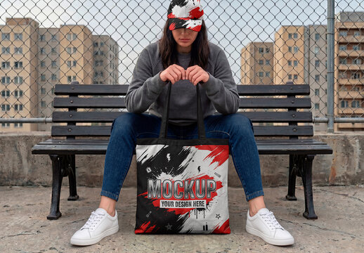 Woman Holding Gray Canvas Tote Mockup