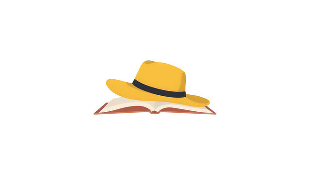Yellow summer hat on open book, travel adventure concept illustration, flat vector design of sun hat and reading material for vacation planning