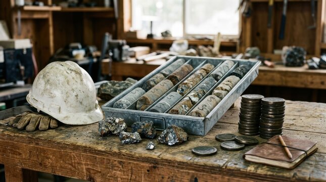 Rock core samples, ore fragments, hard hat, sample tray, and metal tokens on a workbench for mining finance and project viability.