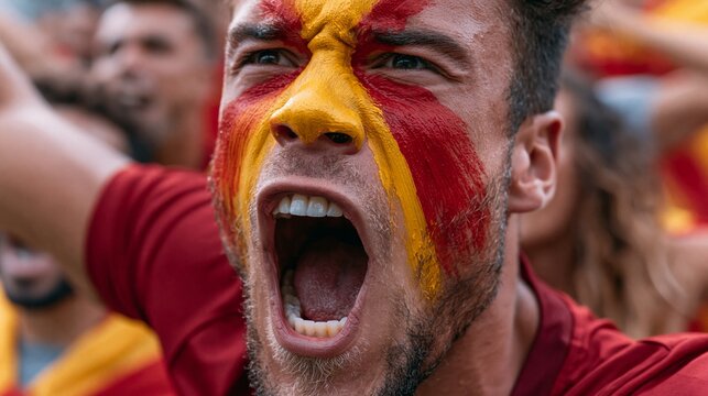 Enthusiastic sport fan with red and yellow face paint screaming and cheering