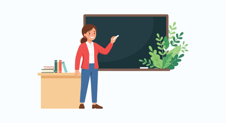 Teacher Standing By Chalkboard With Books And Foliage Colorful Vector Illustration educator instructor professor blackboard writing © mdashraful