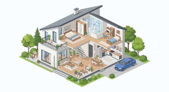 Isometric house cutaway with interior furnishings and a blue automobile in the driveway home residence dwelling