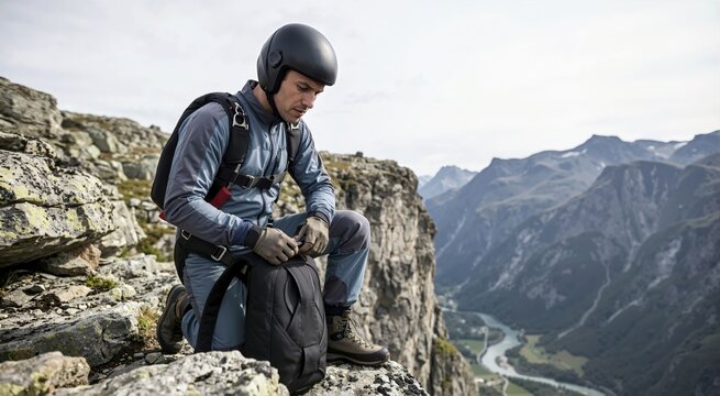 Base jumper kneeling on a rocky cliff edge preparing equipment for a jump. Extreme sports athlete adjusting parachute backpack high above a mountain valley