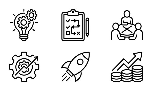 Business Strategy Icons: Idea, Planning, Meeting, Growth, Launch, Finance Icons Set