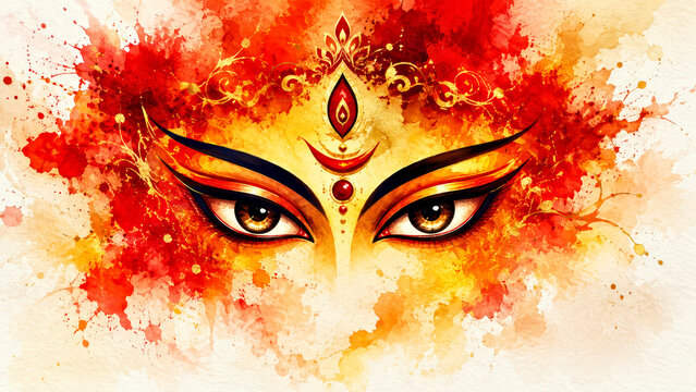 Durga Puja Goddess Eyes Watercolor Illustration for Festival Background and Poster