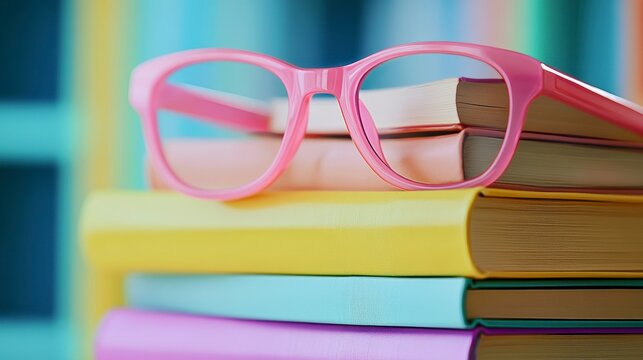 Pink glasses rest on a stack of colorful books.