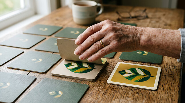 Senior Hand Playing Memory Matching Card Game on Wooden Table for Cognitive Exercises